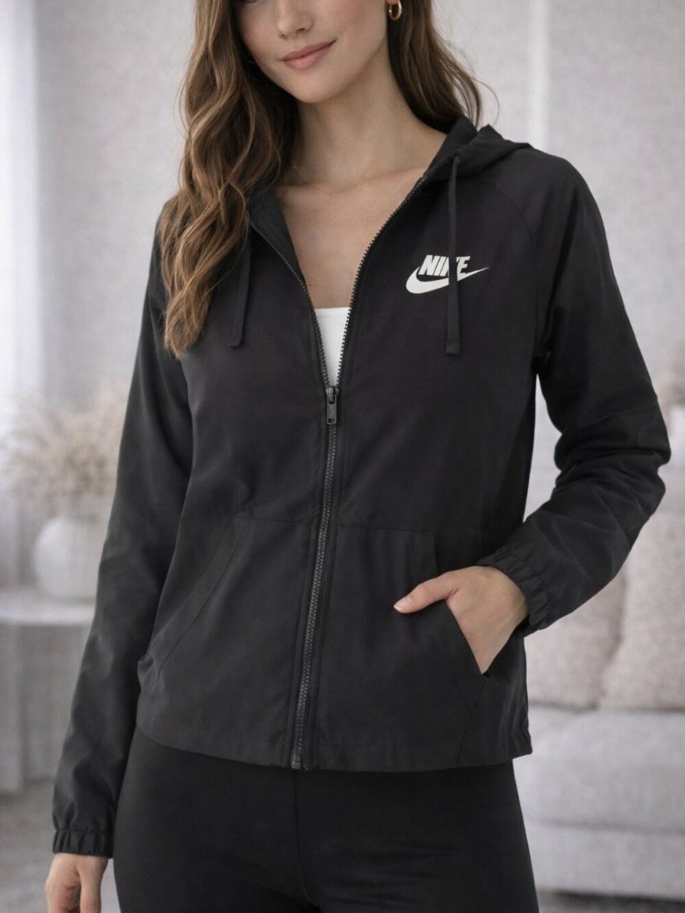 $90 Nike Black Zip Up Hooded Jacket Lightweight Athletic Windbreaker